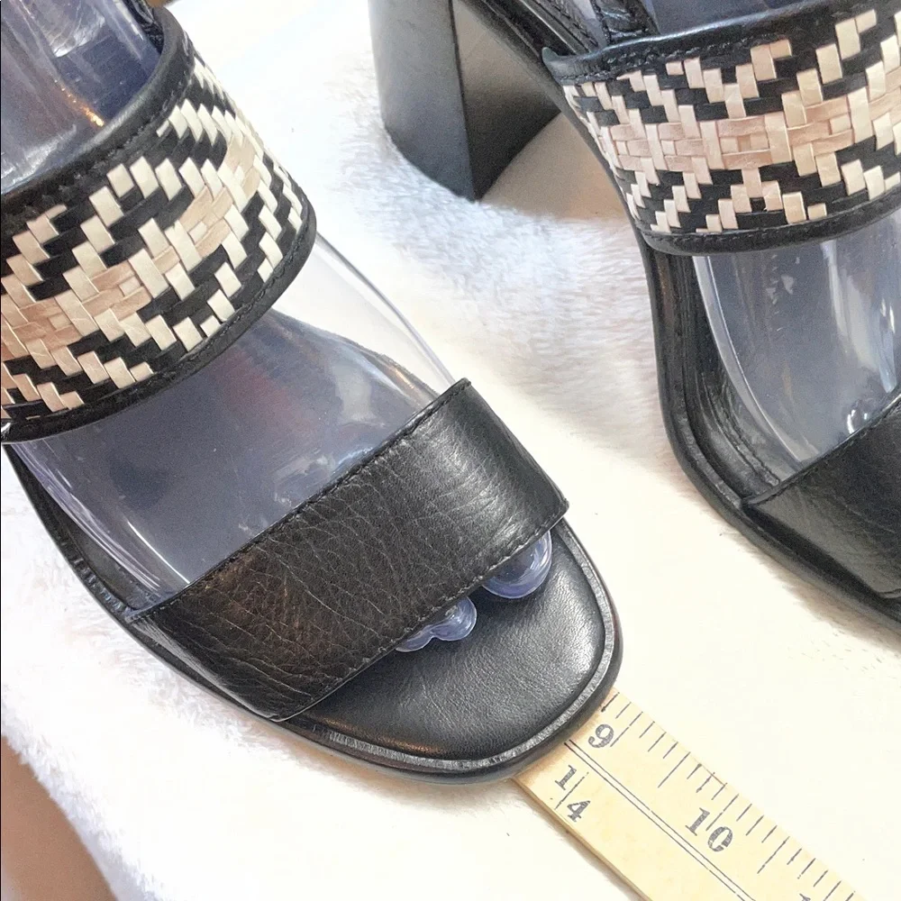Frye Amy Black Block Heel Sandal with Woven Neutral‎ Accent